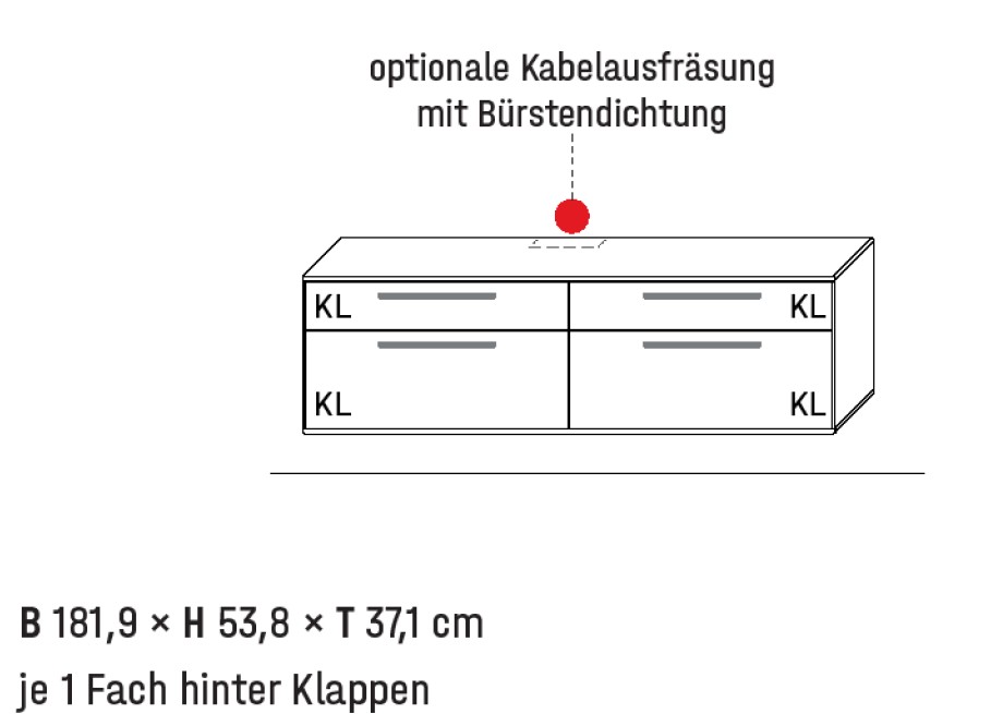 Illustration eines Lowboards mit Maßangabe und Bezeichnung vor weißem Hintergrund