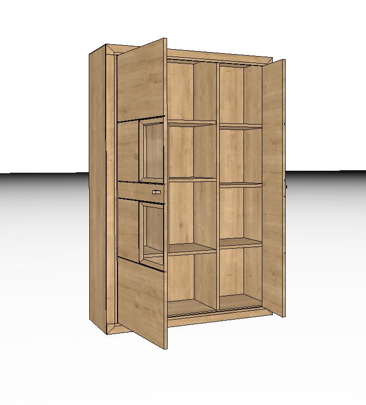 Ein moderner, geöffneter Holzschrank mit mehreren Fächern zur Aufbewahrung