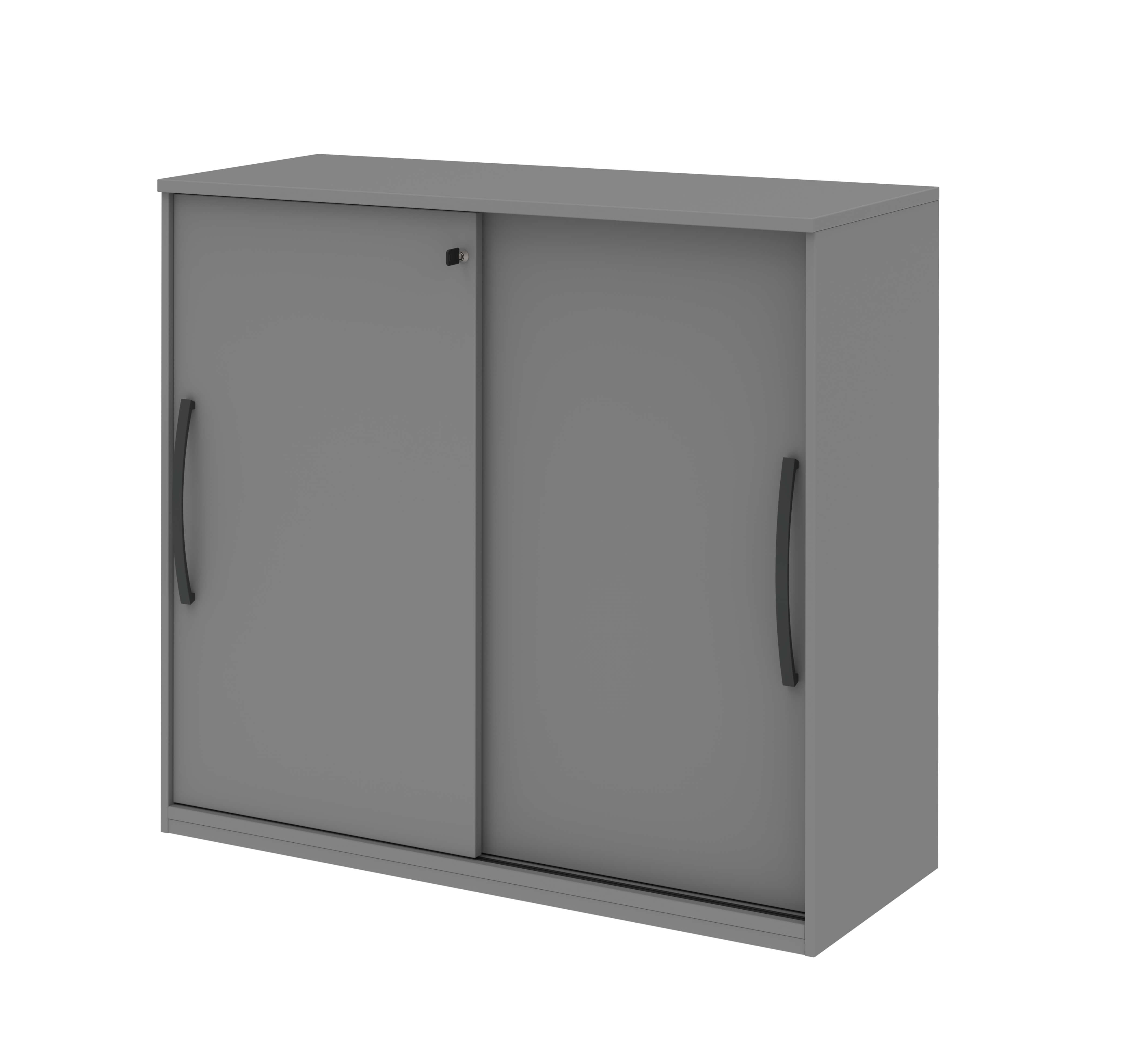 Röhr Bush. techno -  Schiebetürenschrank | B: 120,0 cm | mittelgrau Grauer Aktenschrank mit Schiebetüren und schwarzem Griff für Büroeinrichtung