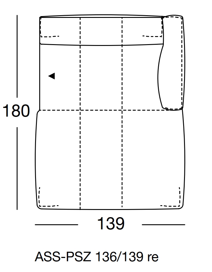 Maßzeichnung eines Sofaelements vor weißem Hintergrund freistil Rolf Benz 136