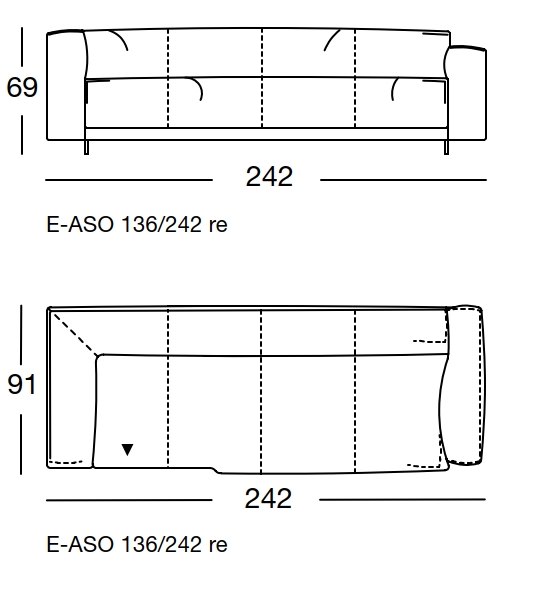 Maßzeichnung eines Sofaelements vor weißem Hintergrund freistil Rolf Benz 136
