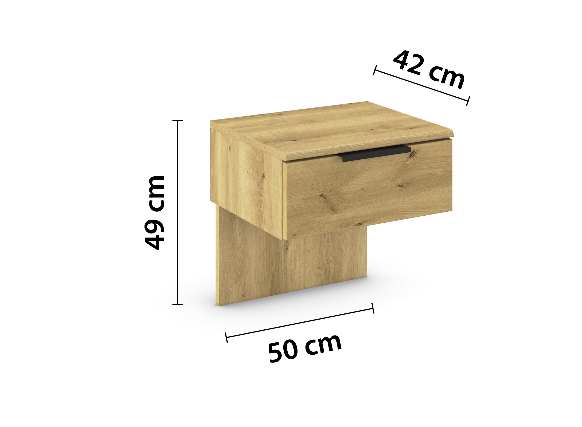 brauner Hängenachttisch mit einer Schublade und schwarzem Griff mit Maßangaben vor weißem Hintergrund