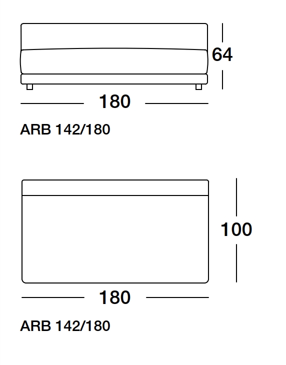 Maßzeichnung eines Sofaelements vor weißem Hintergrund freistil Rolf Benz 142