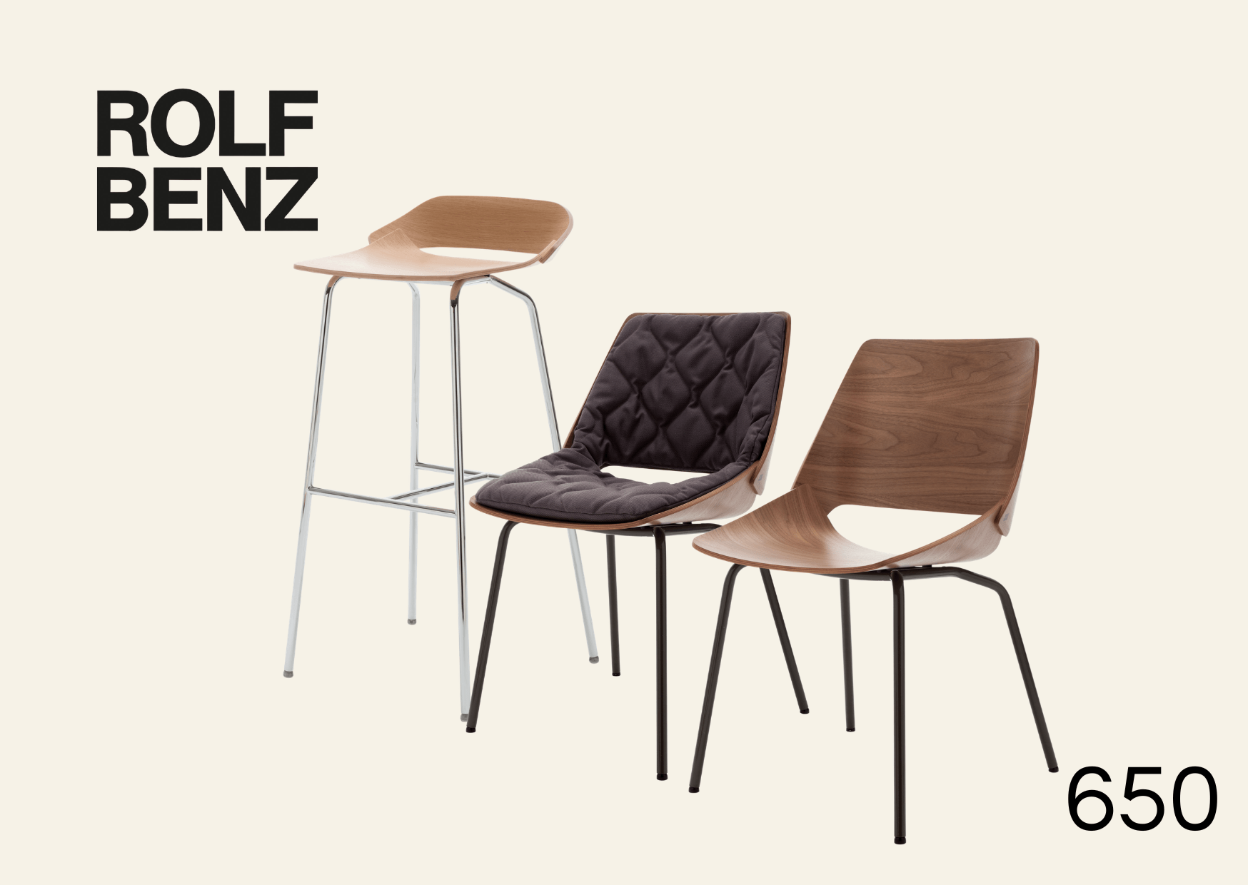 Esszimmerstühle Holz mit und ohne Polsterung. Aufschrift Bild: Rolf Benz 650.