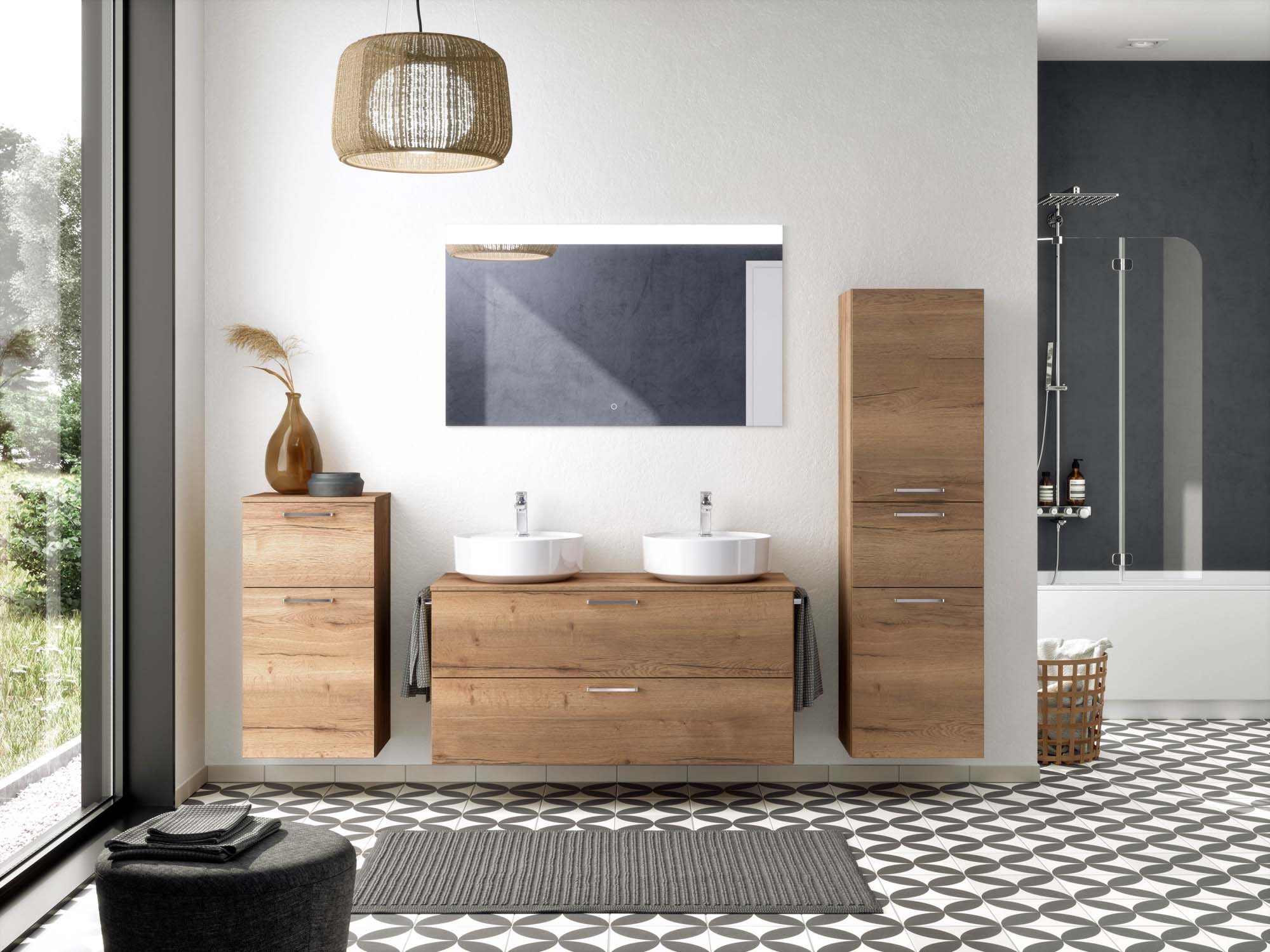 Badezimmermöbel-Set 3 Schränke braun mit Waschtisch und Spiegel nobilia 