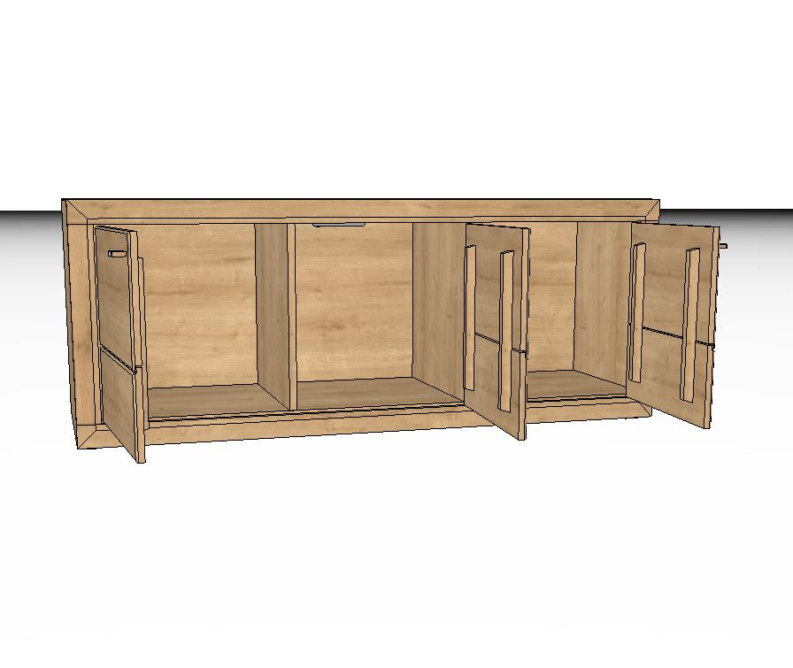Moderner Küchenschrank aus Holz, Vorderansicht mit geöffneten Türen und Fächern