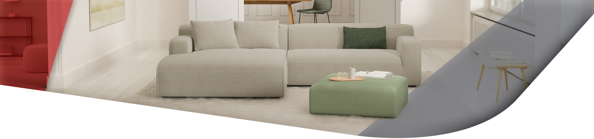 beige Couch mit passenden Kissen und einem grünen Hocker