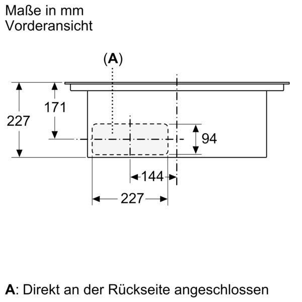 Technische Zeichnung zeigt Vorderansicht eines rechteckigen Gerätes mit Maßangaben in Millimetern, inklusive Höhen- und Breitenangaben sowie Anschlussdetails.