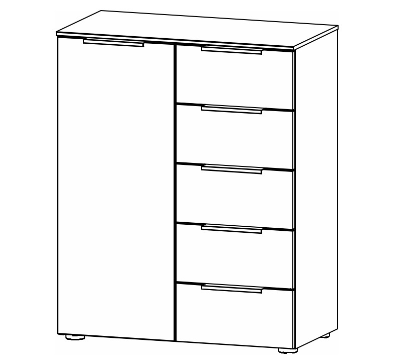 Illustration einer Kommode mit fünf Schubladen und einer Drehtür vor weißem Hintergrund