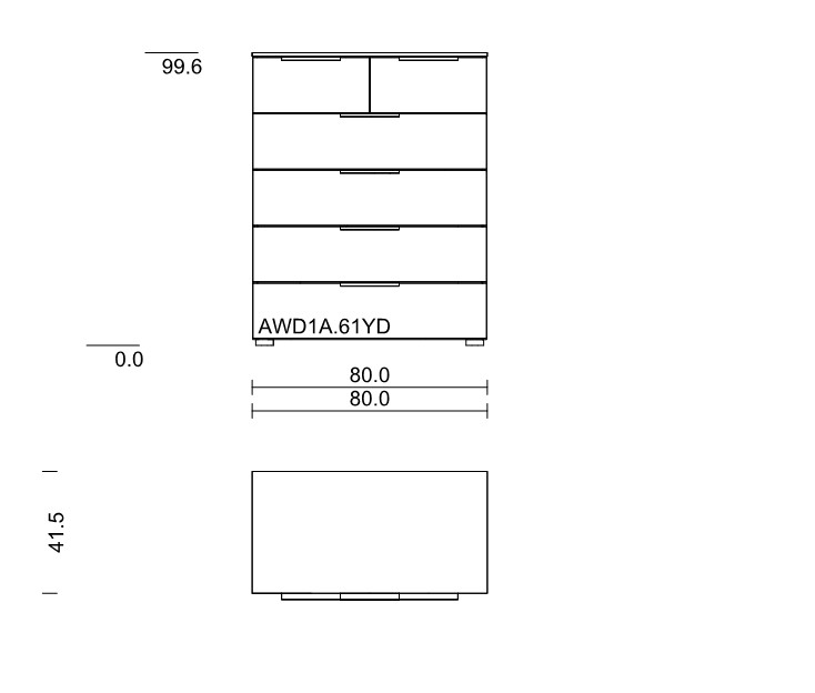 Maßzeichnung einer Kommode mit sechs Schubladen vor weißem Hintergrund