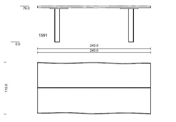Zeichnung eines Tisches von der Seite und oben, Maße: 240 cm Länge, 110 cm Breite, 76 cm Höhe.