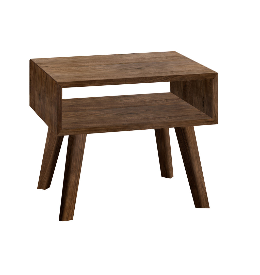 dunkelbrauner Nachttisch auf vier hohen beinen und in form eines offenen faches vor weißem hintergrund jaca von hasena