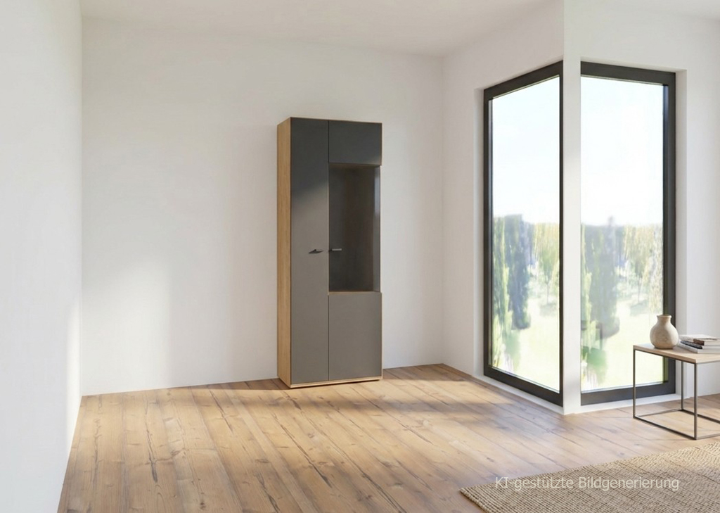 moderner braun grauer Schrank stilvoll dekoriert in einem modernen Zimmer, Bild KI generiert