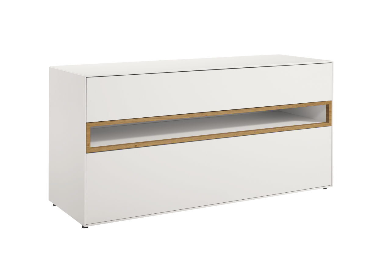 now! by hülsta. easy | Sideboard 2 Schubladen, offenes Fach | Lack-reinweiß | B: 128 cm | Rahmen Natureiche | 44115