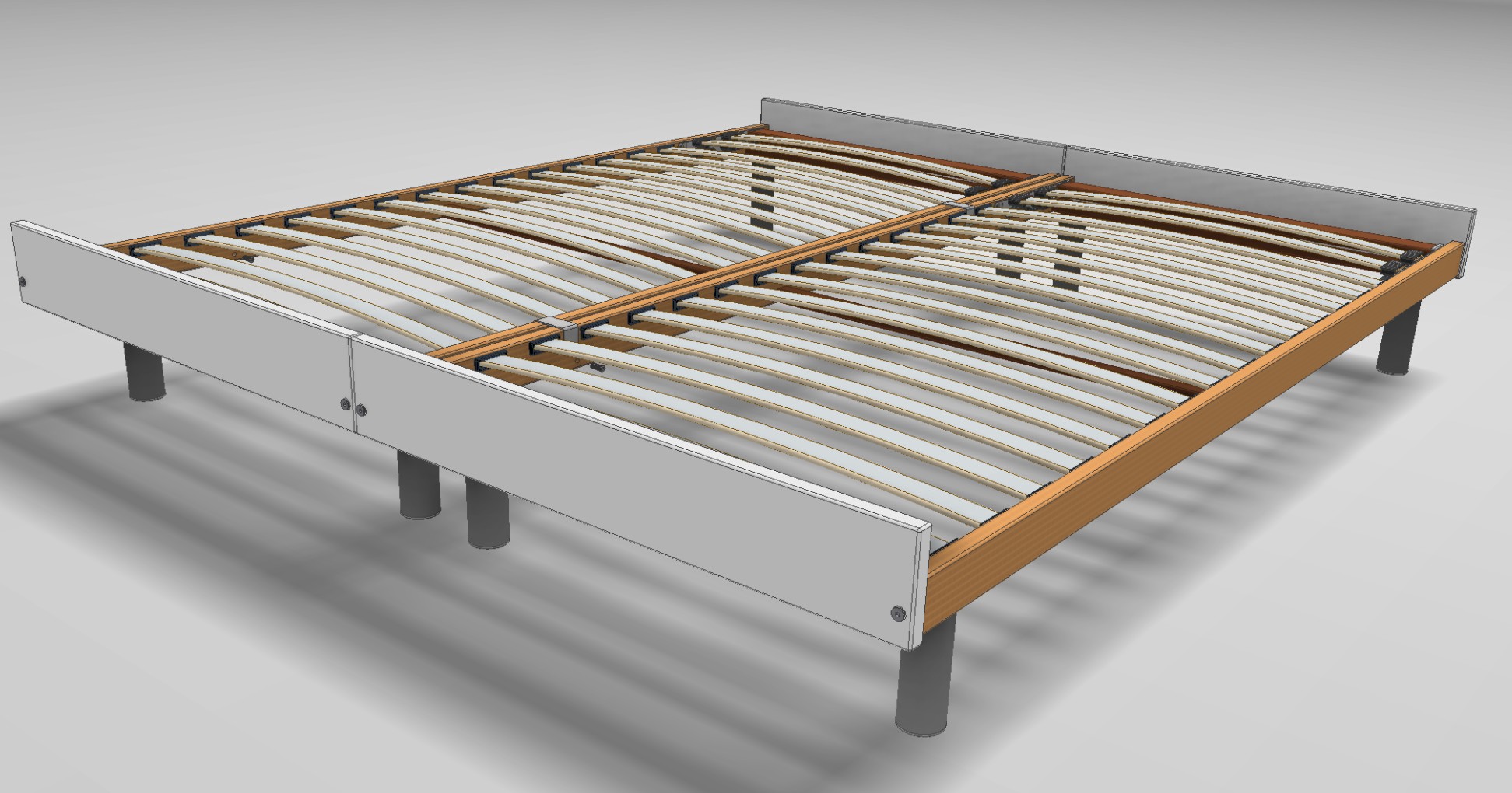 3D-Darstellung zweier zu einem Doppelbett verbundener Bettgestelle mit integrierten Lattenrost und runden Füßen (KI-generiert)
