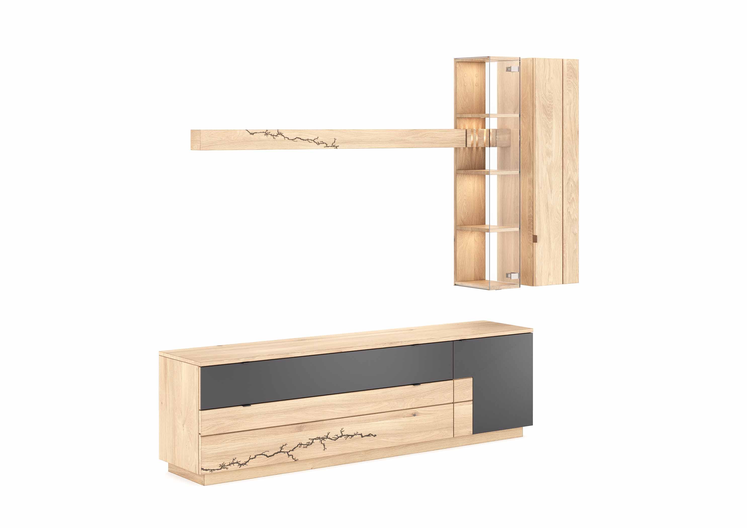 Moderne Wohnwand bestehend aus Holzschrank und Wandregal mit dekorativen Elementen