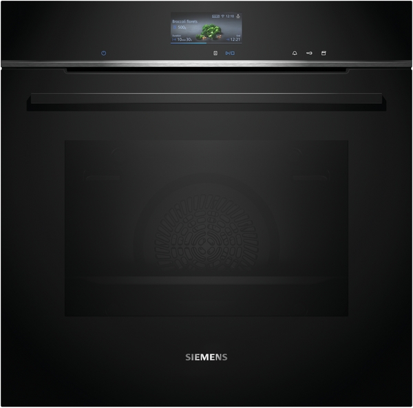 Siemens powerLine - Einbau-Dampfbackofen iQ700 (60x60 cm) | HS736G1B1 Ein moderner, schwarzer Siemens Einbauofen mit digitalem Touchscreen für einfache Bedienung.