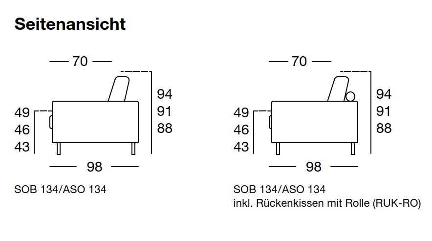 Maßzeichnung eines Sofaelement vor weißem Hintergrund freistil Rolf Benz 134
