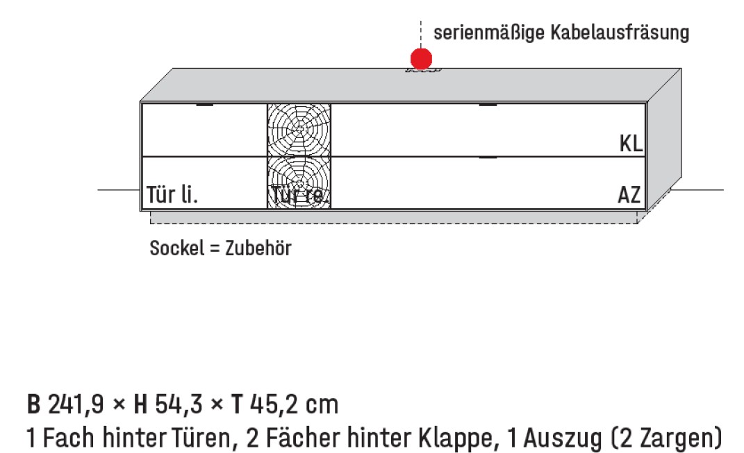 Illustration eines Lowboards und Beschriftung vor weißem Hintergrund