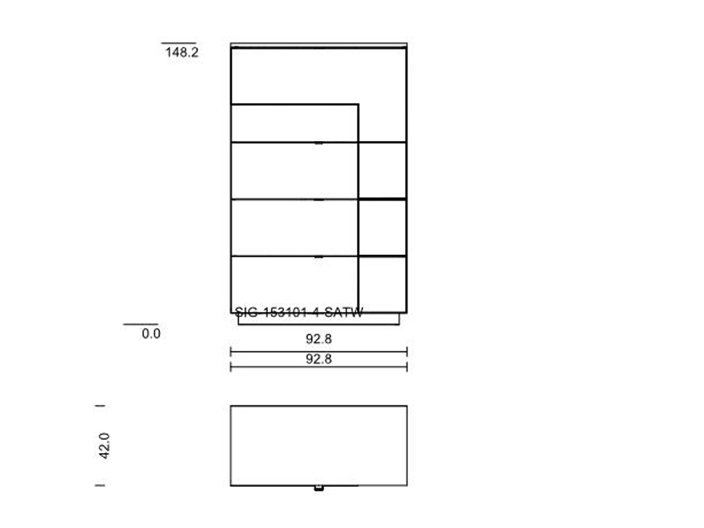 Technische Zeichnung eines Schranks mit vier Schubladen. Maße: Höhe 148,2 cm, Breite 92,8 cm, Tiefe 42 cm.