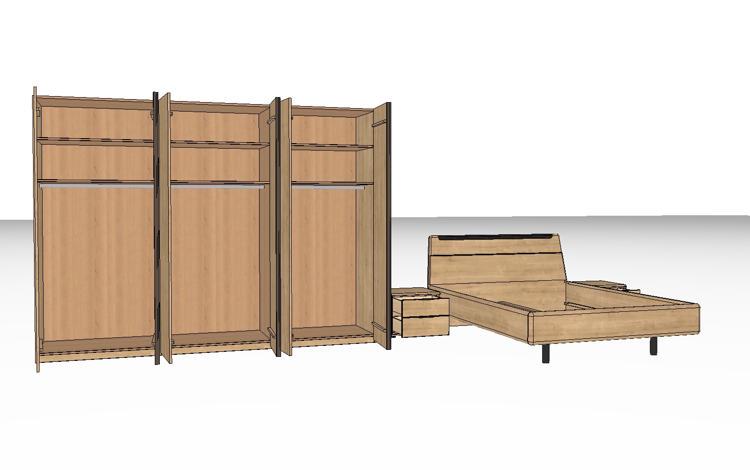 brauner sechstüriger geöffneter Schrank und Bett mit zwei Konsolen vor weißem Hintergrund