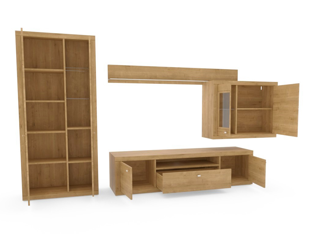 Modulares Möbel-Set bestehend aus einem hohen Bücherregal, einem TV-Schrank und einem Hängeschrank, alle aus Holz