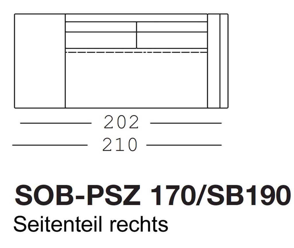 Maßzeichnung eines Sofaelements vor weißem Hintergrund freistil Rolf Benz 170