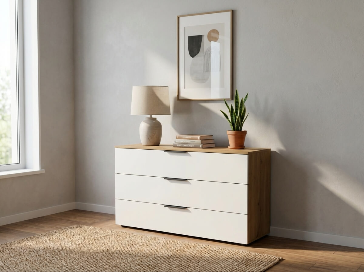 Kommode mit drei weißen schubladen und braunem korpus stilvoll dekoriert in einem hellen zimmer