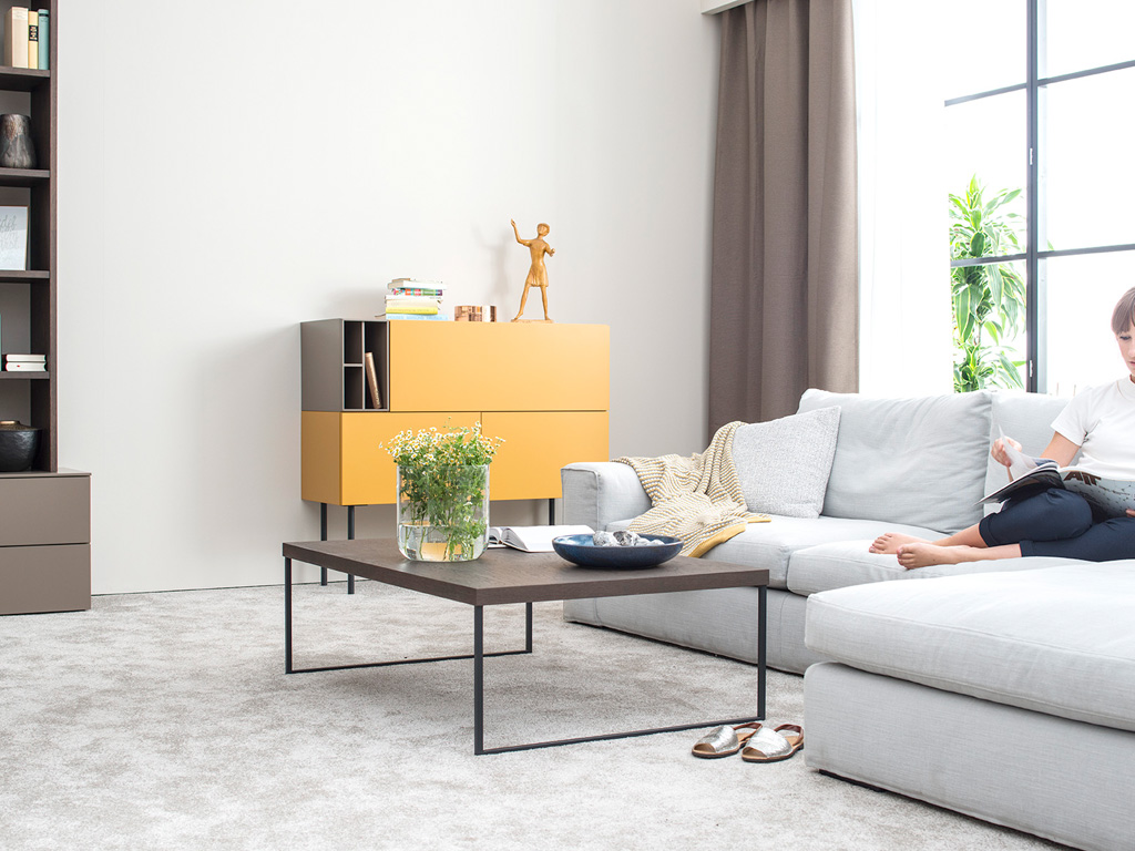 Helles Wohnzimmer mit gemütlichem hellgrauem Sofa, gelbem Sideboard und Couchtisch, dekoriert mit Pflanzen und Büchern