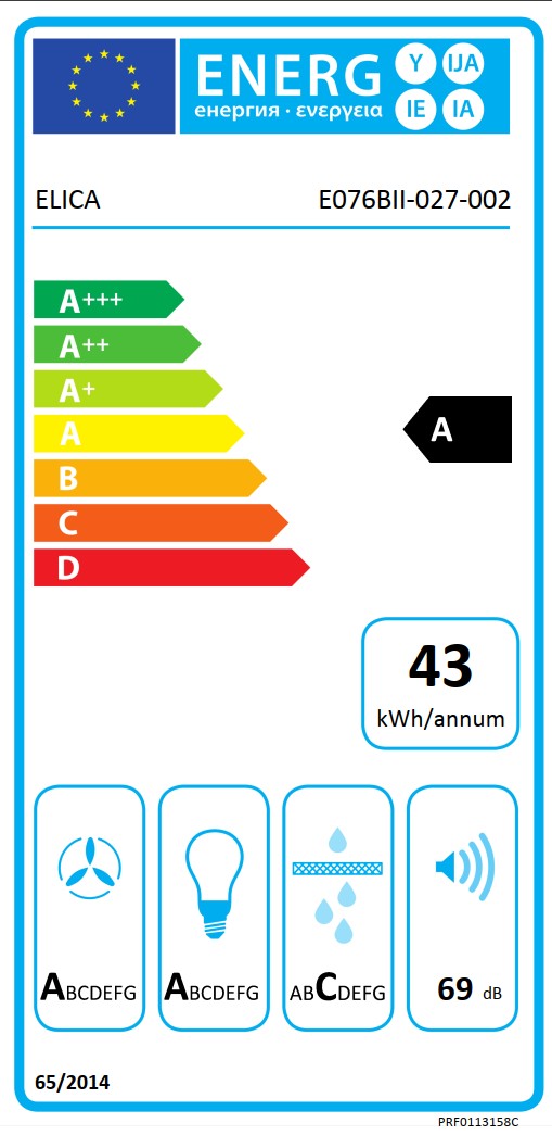 FABER Energieeffizienzlabel, Klasse C, jährlicher Verbrauch 60 kWh, Geräuschpegel 68 dB