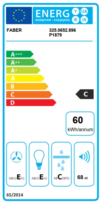 FABER Energieeffizienzlabel, Klasse C, jährlicher Verbrauch 60 kWh, Geräuschpegel 68 dB