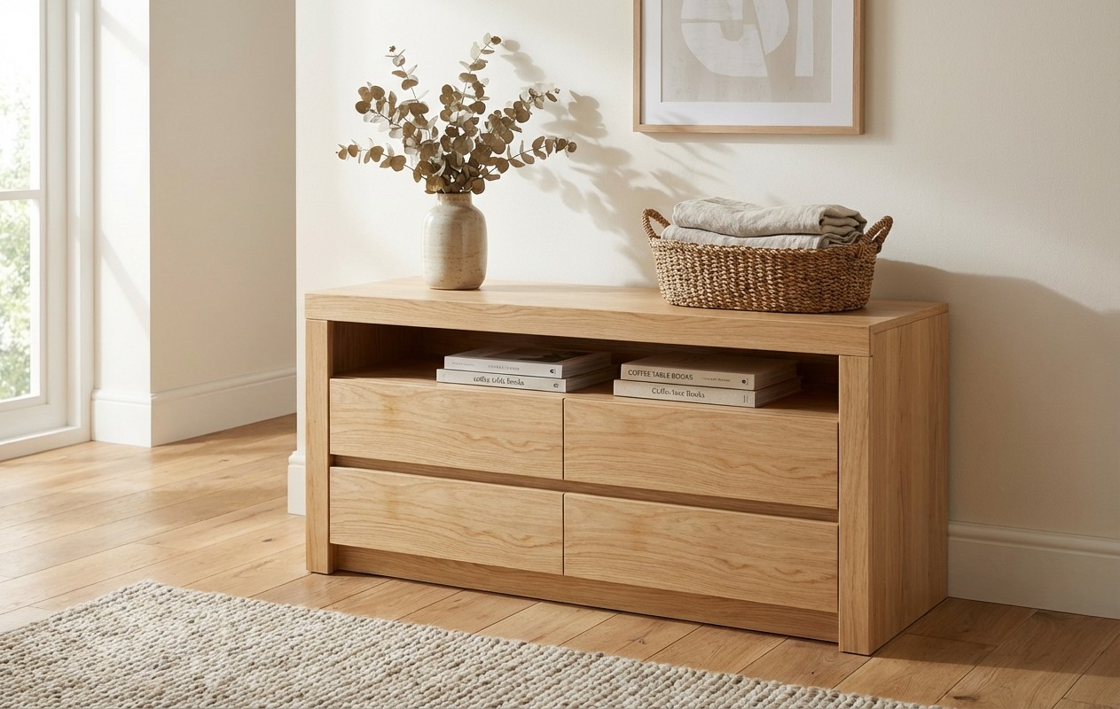 braunes Lowboard stilvoll dekoriert in einem modernen Zimmer