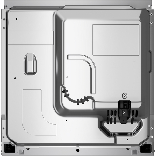 Rückansicht des Siemens Einbau-Backofens mit metallischer Rückwand, Einbuchtungen für die Technik und dem elektrischen Anschlussbereich.