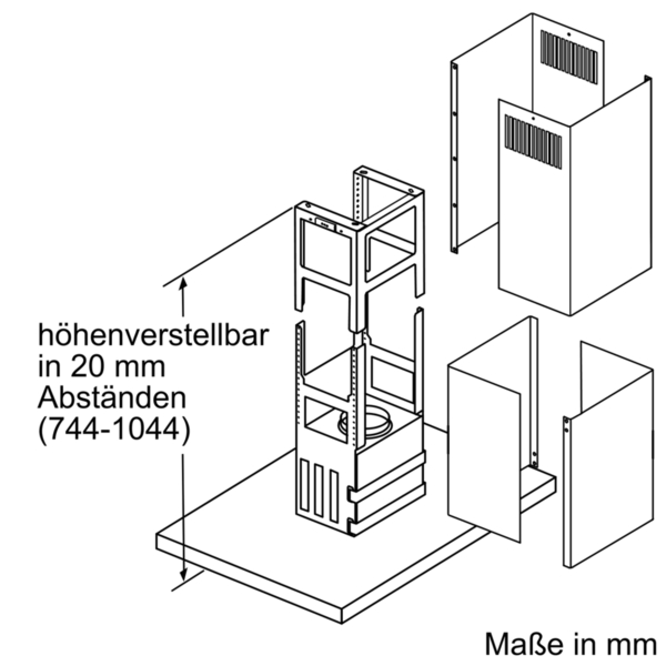 Diagramm eines höhenverstellbaren WC-Montagerahmens, der zwischen 744 und 1044 mm einstellbar ist