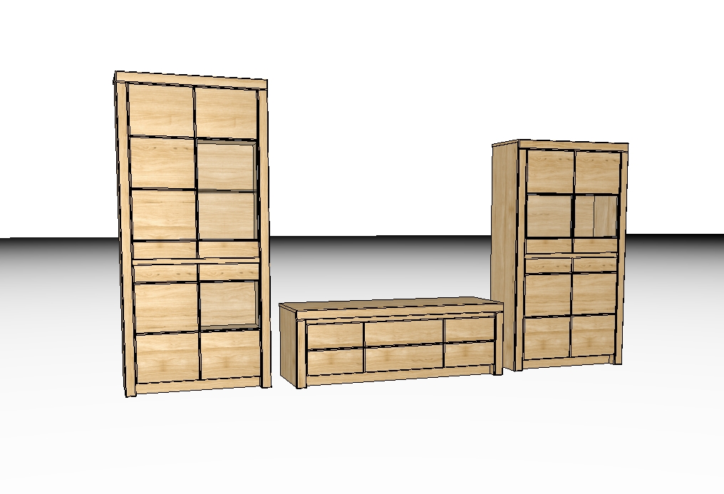 Bild einer modernen Schrankwand aus Holz mit einem hohen Regal, einem niedrigen Sideboard und einem Vitrinenschrank