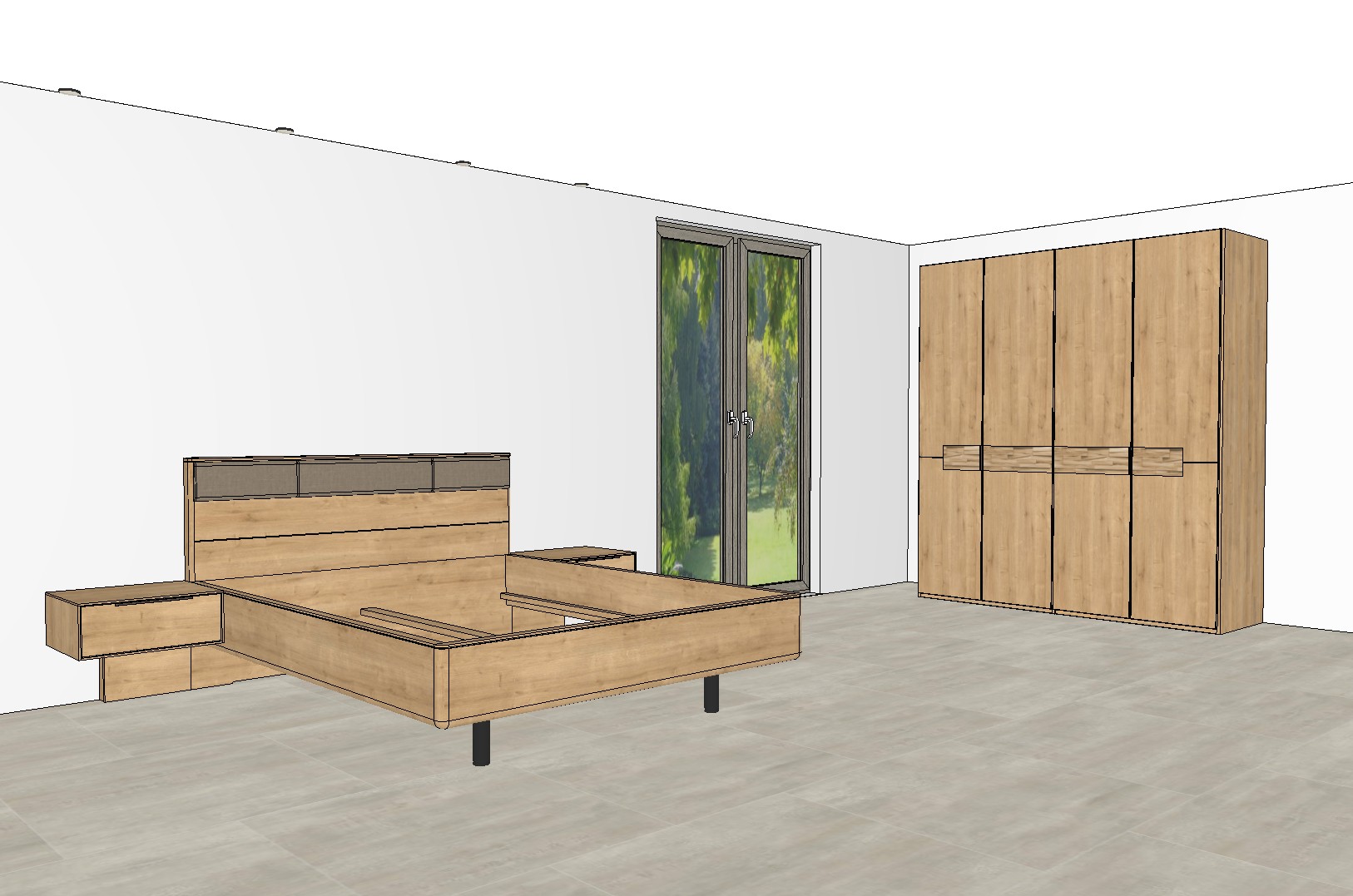 viertüriger brauner Kleiderschrank und Bett mit Hängenachtschränken als Planungsbild einem modernen Raum