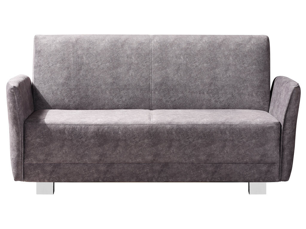 Eine elegante graue Couch mit schlichtem Design, perfekt für das Wohnzimmer