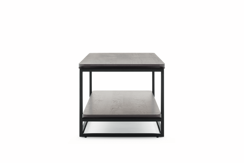 Moderner, rechteckiger Couchtisch mit Holztischplatte und schwarzem Metallgestell