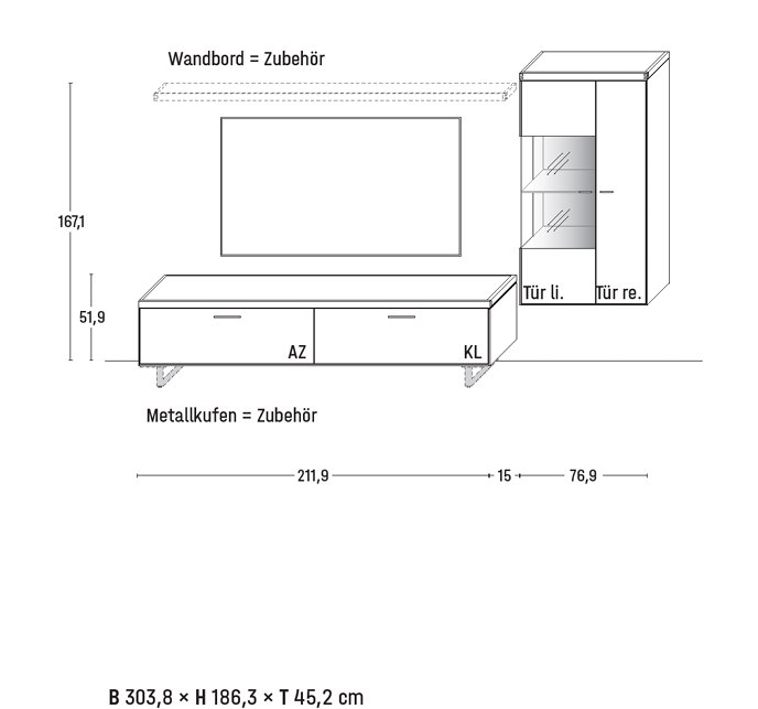 Wöstmann WM 2520 - Wohnwand | Type 0001/0101 | B: 303,8 cm | Wildeiche massiv