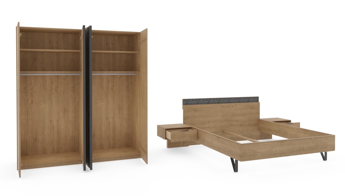 brauner geöffneter Schrank und Bett mit zwei Konsolen vor weißem Hintergrund