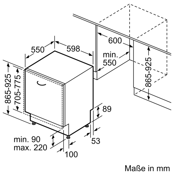 Diagramm eines Einbaugeschirrspülers mit detaillierten Maßangaben in Millimetern