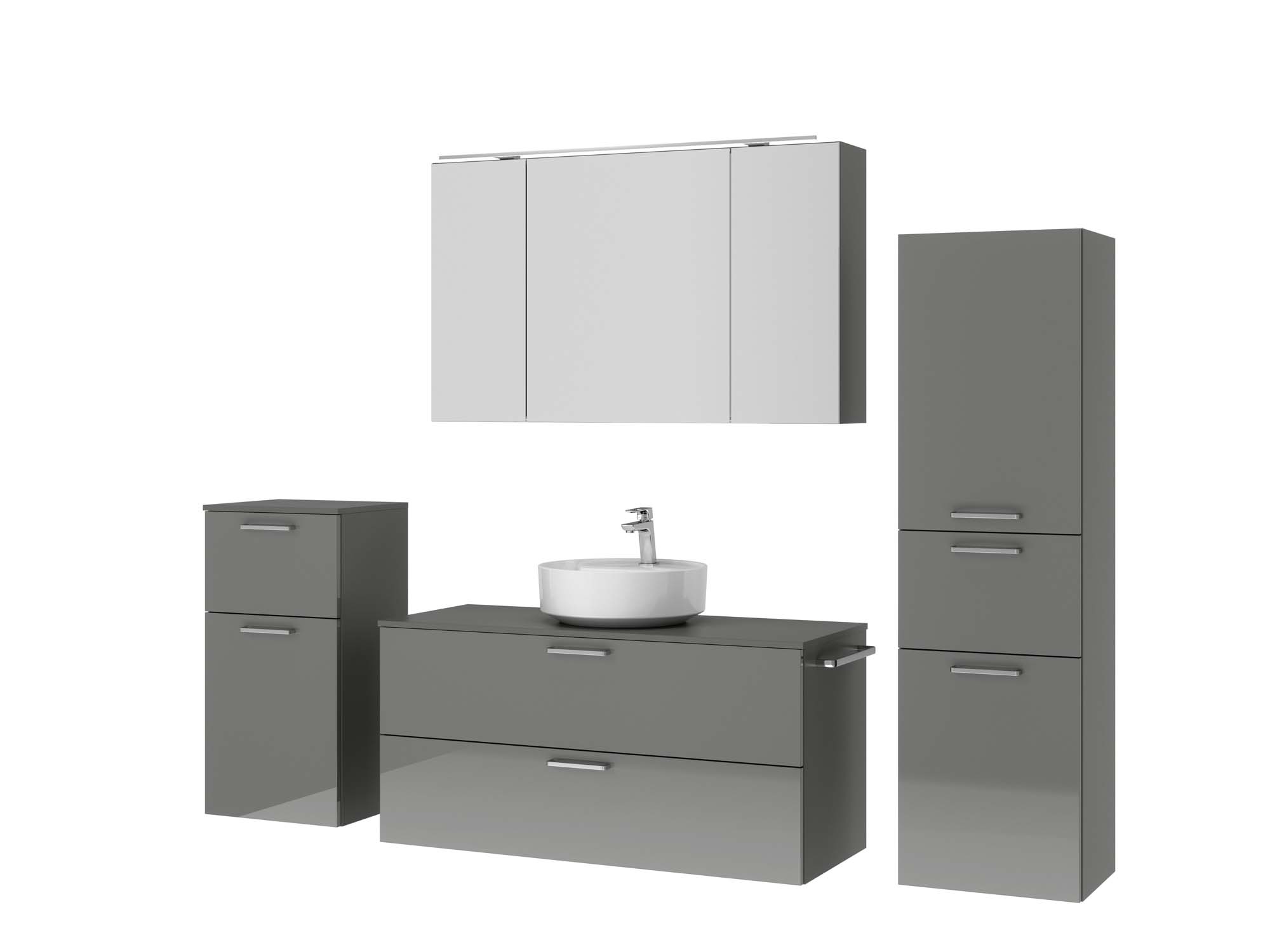 Badezimmermöbel-Set 3 Schränke grau mit Waschtisch und Spiegelschrank nobilia