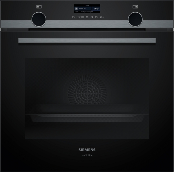 Siemens studioLine - Einbau-Backofen iQ500 (60x60 cm) INKL. 5 JAHRE GARANTIE | HB479G5A7F Frontansicht eines modernen Siemens studioLine Einbau-Backofens mit digitalem Display und Edelstahlknöpfen
