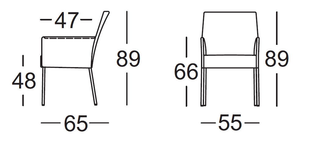 Zeichnung der seitlichen und frontalen Abmessungen eines modernen Stuhls mit Maßen in Zentimetern: Höhe 89 cm, Sitzhöhe 48 cm, Gesamtlänge 65 cm, Sitzlänge 47 cm, Gesamtbreite 55 cm, Sitzbreite 66 cm.
