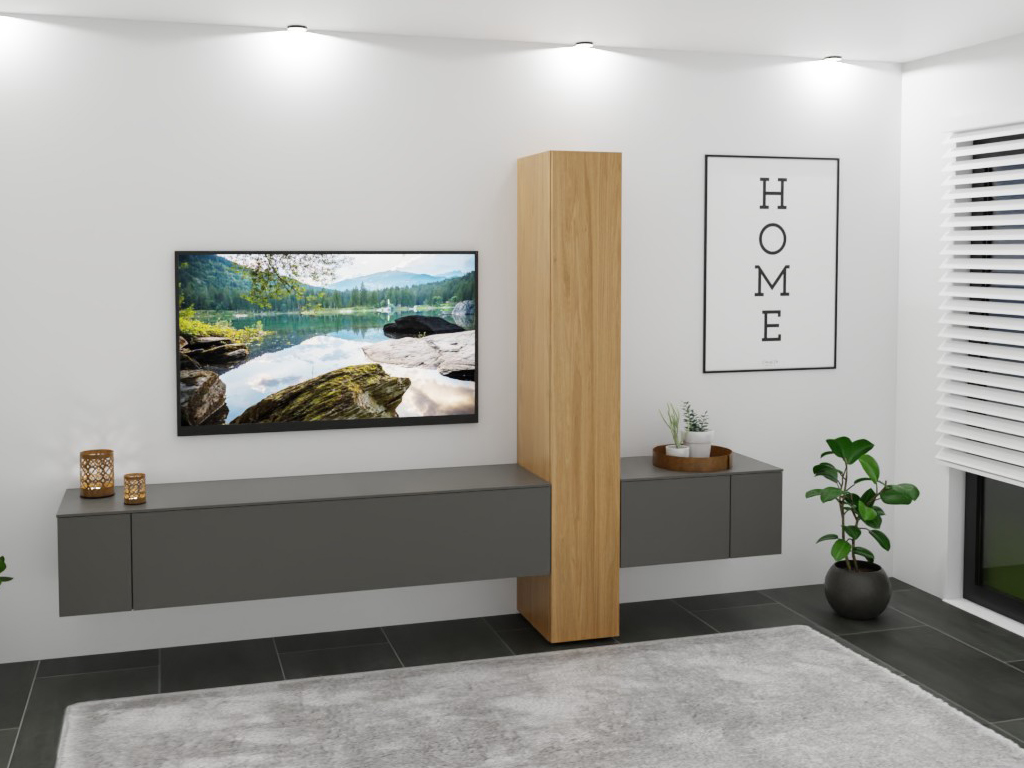 Helles Wohnzimmer mit moderner TV-Wand, stilvollen Möbeln und dekorativen Pflanzen