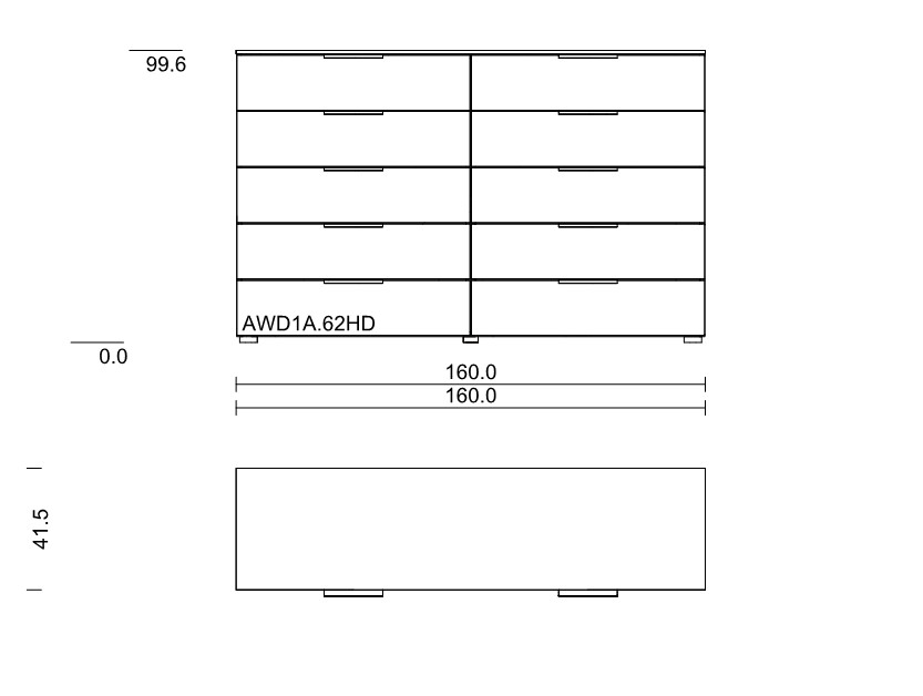 Maßzeichnung einer Kommode mit zehn Schubladen vor weißem Hintergrund