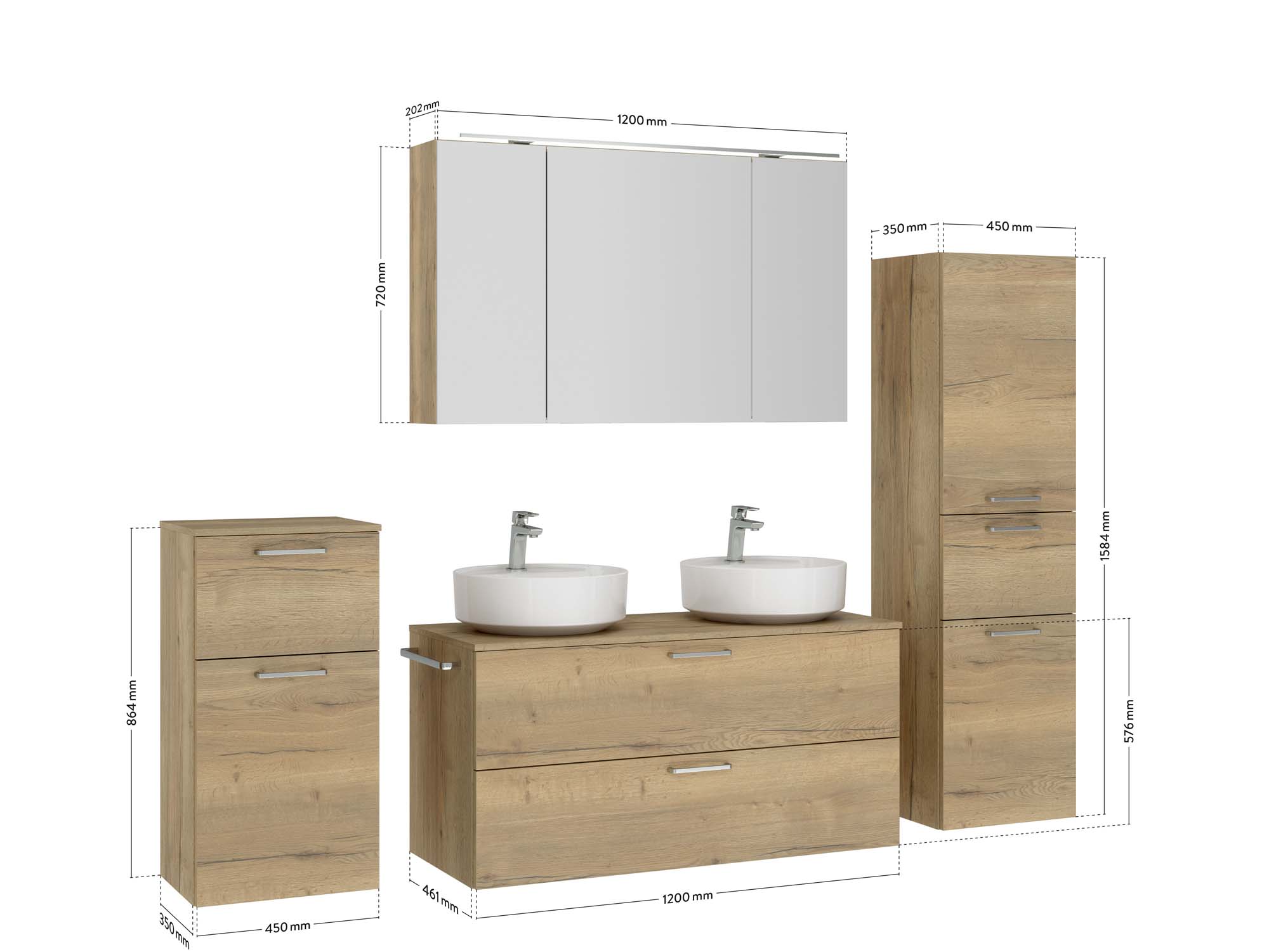 Badezimmermöbel-Set 3 Schränke braun mit Waschtisch und Spiegelschrank Maßzeichnung nobilia