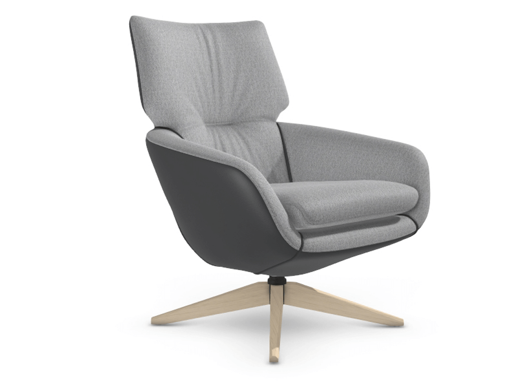 Moderner grauer Polstersessel mit schwarzen Seitenteilen und Holzgestell, ideal für Wohnzimmer und Büros.