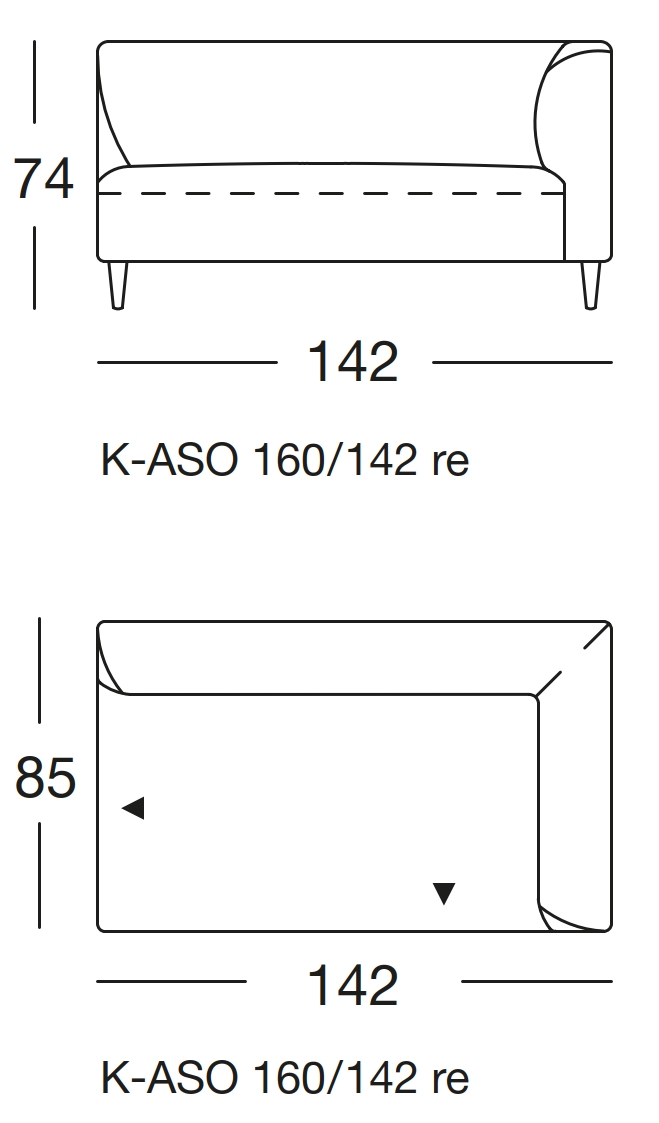 Maßzeichnung eines Sofaelements vor weißem Hintergrund freistil Rolf Benz 160