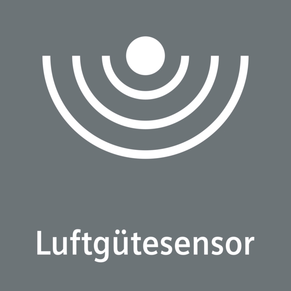 Vereinfachtes Symbol eines Luftgütesensors mit weißen Linien und Kreis auf grauem Hintergrund, darunter der Text 'Luftgütesensor'.